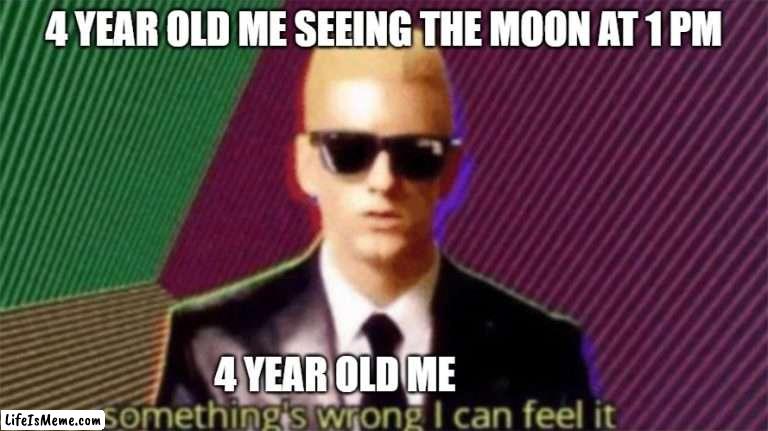 Certified memes | 4 YEAR OLD ME SEEING THE MOON AT 1 PM; 4 YEAR OLD ME | image tagged in something's wrong i can feel it | made w/ Lifeismeme meme maker