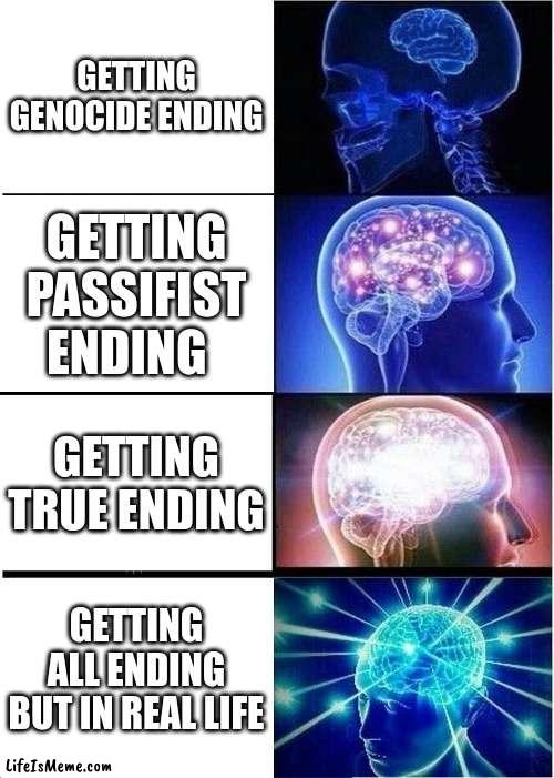 undertale | GETTING GENOCIDE ENDING; GETTING PASSIFIST ENDING; GETTING TRUE ENDING; GETTING ALL ENDING BUT IN REAL LIFE | image tagged in memes,expanding brain,undertale | made w/ Lifeismeme meme maker