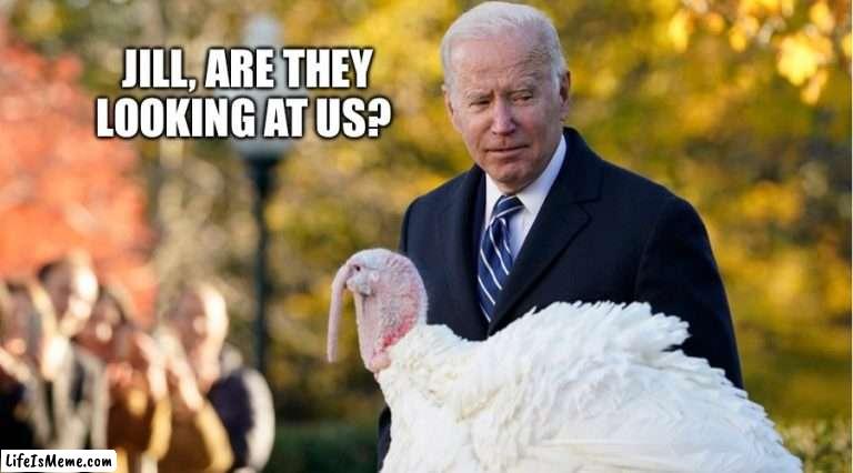 Confused Joe “talking turkey” to Jill | JILL, ARE THEY LOOKING AT US? | image tagged in biden talking turkey,confused joe,jill,biden,funny,funny meme | made w/ Lifeismeme meme maker