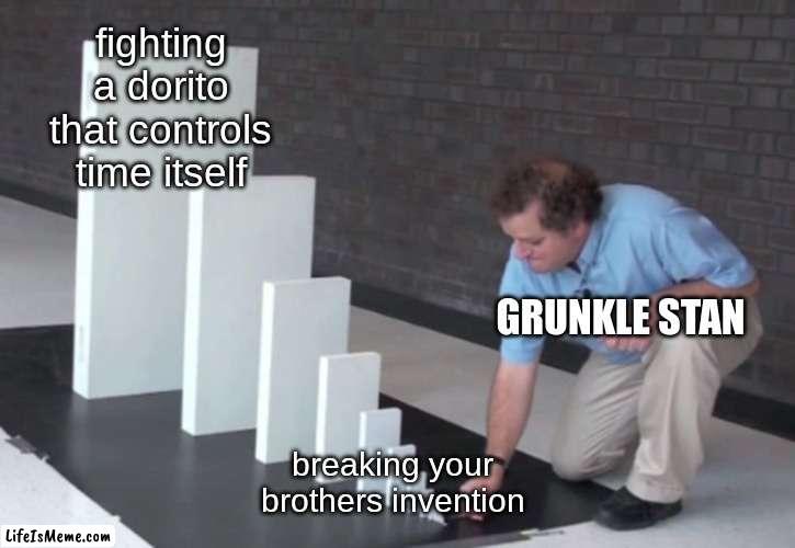 Gravity does not fall | fighting a dorito that controls time itself; GRUNKLE STAN; breaking your brothers invention | image tagged in domino effect | made w/ Lifeismeme meme maker