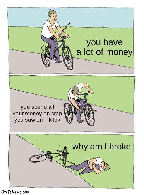 having money be like | you have a lot of money; you spend all your money on crap you saw on TikTok; why am I broke | image tagged in memes,bike fall | made w/ Lifeismeme meme maker