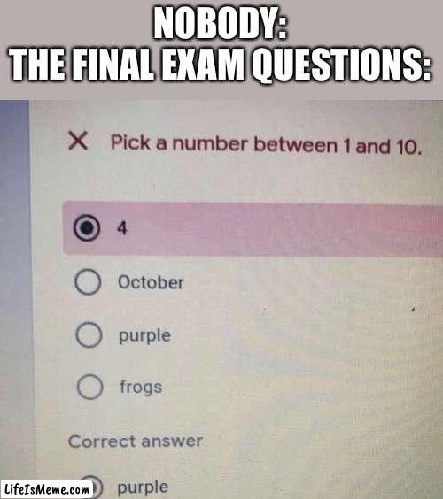Final Exams are so Confusing | NOBODY:
THE FINAL EXAM QUESTIONS: | image tagged in memes,funny,school,school meme,exam,relatable | made w/ Lifeismeme meme maker