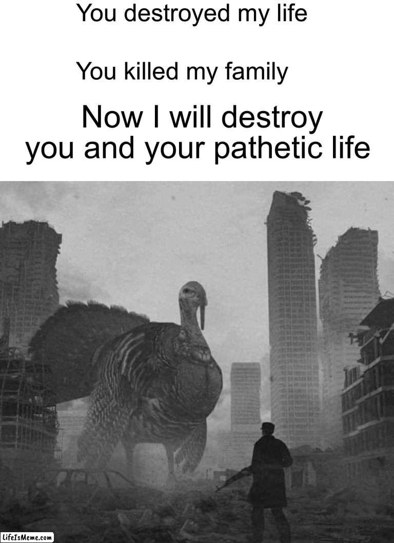 Revenge of The Turkeys | You destroyed my life; You killed my family; Now I will destroy you and your pathetic life | image tagged in memes,funny,evil,turkey,thanksgiving,funny memes | made w/ Lifeismeme meme maker