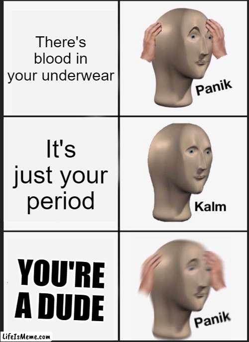 Blood | There's blood in your underwear; It's just your period; YOU'RE A DUDE | image tagged in memes,panik kalm panik,girl humor | made w/ Lifeismeme meme maker
