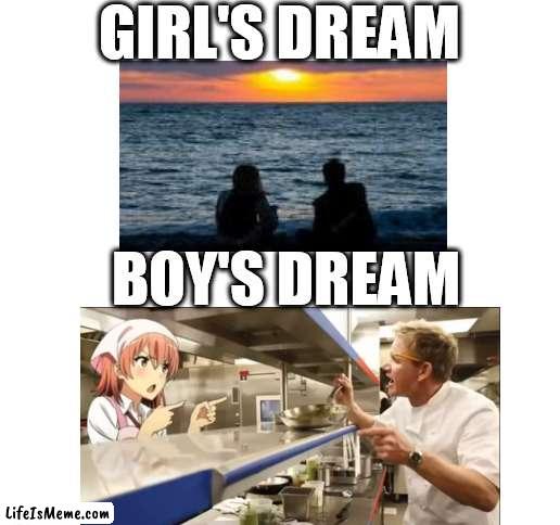 dream be like | GIRL'S DREAM; BOY'S DREAM | image tagged in blank white template | made w/ Lifeismeme meme maker
