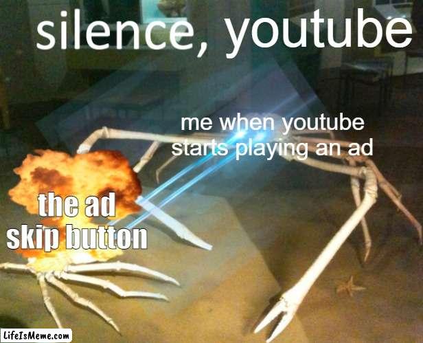 silence, youtube | youtube; me when youtube starts playing an ad; the ad skip button | image tagged in silence crab,relatable,youtube ads,ads | made w/ Lifeismeme meme maker
