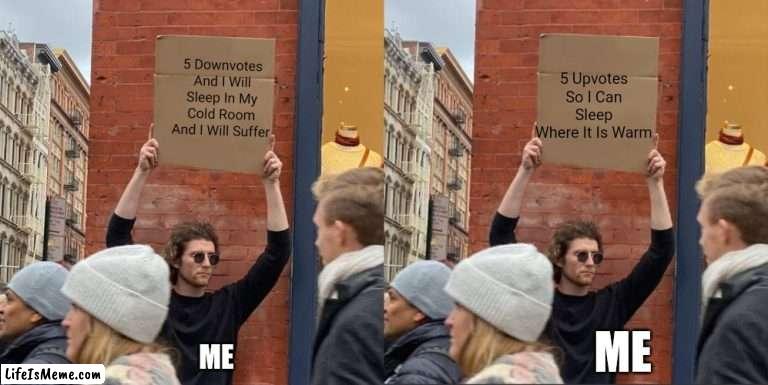5 Down VS 5 UP | 5 Upvotes So I Can Sleep Where It Is Warm; 5 Downvotes And I Will Sleep In My Cold Room And I Will Suffer; ME; ME | image tagged in memes,guy holding cardboard sign | made w/ Lifeismeme meme maker