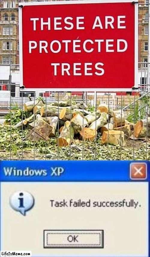 Sorry , we need Firewood | image tagged in task failed successfully,trees,well yes but actually no,environmental protection agency,you had one job | made w/ Lifeismeme meme maker