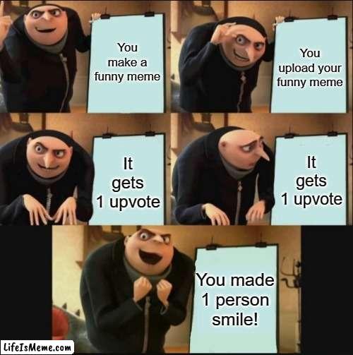 It's nice if you look at it that way | You make a funny meme; You upload your funny meme; It gets 1 upvote; It gets 1 upvote; You made 1 person smile! | image tagged in 5 panel gru meme,memes,funny,1 upvote,1 smile | made w/ Lifeismeme meme maker
