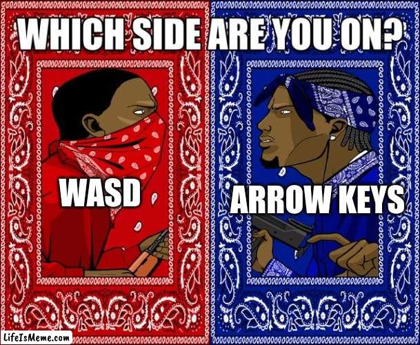 Idk what this title should be. | ARROW KEYS; WASD | image tagged in which side are you on,movement,gaming | made w/ Lifeismeme meme maker