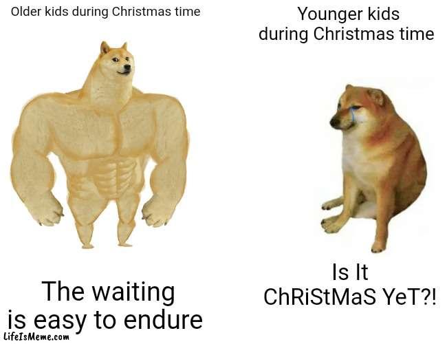 I'm not sure how relatable this is | Older kids during Christmas time; Younger kids during Christmas time; Is It ChRiStMaS YeT?! The waiting is easy to endure | image tagged in memes,buff doge vs cheems,christmas | made w/ Lifeismeme meme maker