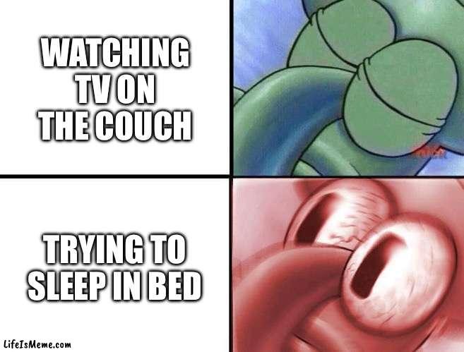 Couch vs. Bed | WATCHING TV ON THE COUCH; TRYING TO SLEEP IN BED | image tagged in sleeping squidward | made w/ Lifeismeme meme maker