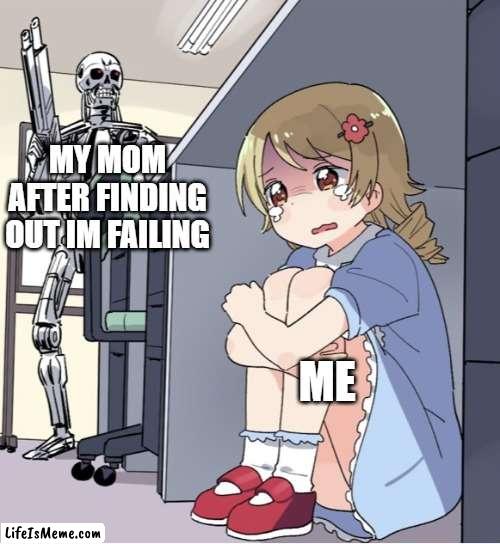 When you have a failing grade | MY MOM AFTER FINDING OUT IM FAILING; ME | image tagged in anime girl hiding from terminator | made w/ Lifeismeme meme maker