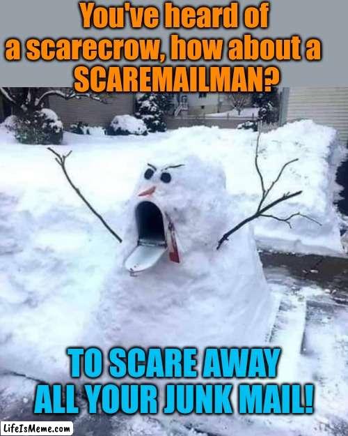 Abo-mail-able Snowman | You've heard of a scarecrow, how about a    
 SCAREMAILMAN? TO SCARE AWAY ALL YOUR JUNK MAIL! | image tagged in snowman,mailbox,snow,ideas,scare,mailman | made w/ Lifeismeme meme maker