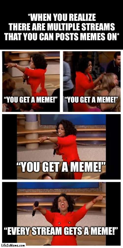Every Stream Gets A Meme | *WHEN YOU REALIZE THERE ARE MULTIPLE STREAMS THAT YOU CAN POSTS MEMES ON*; “YOU GET A MEME!”; “YOU GET A MEME!”; “YOU GET A MEME!”; “EVERY STREAM GETS A MEME!” | image tagged in oprah you get a car everybody gets a car,streams,imgflip,meme posting,oprah winfrey | made w/ Lifeismeme meme maker
