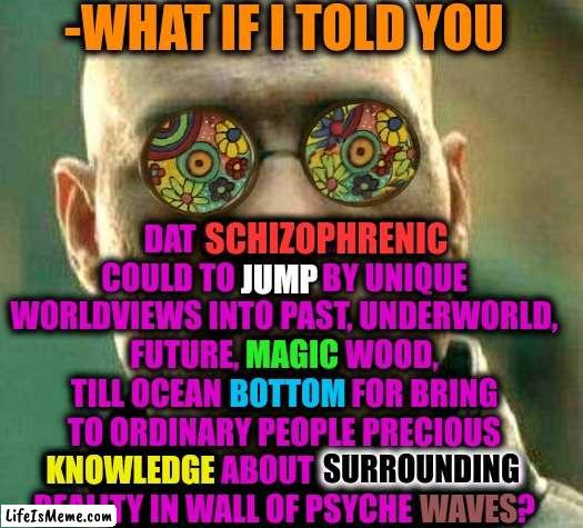 -Saying same way. | -WHAT IF I TOLD YOU; DAT SCHIZOPHRENIC COULD TO JUMP BY UNIQUE WORLDVIEWS INTO PAST, UNDERWORLD, FUTURE, MAGIC WOOD, TILL OCEAN BOTTOM FOR BRING TO ORDINARY PEOPLE PRECIOUS KNOWLEDGE ABOUT SURROUNDING REALITY IN WALL OF PSYCHE WAVES? SCHIZOPHRENIC; JUMP; MAGIC; BOTTOM; SURROUNDING; KNOWLEDGE; WAVES | image tagged in acid kicks in morpheus,gollum schizophrenia,universal knowledge,soldier jump spetznaz,ordinary muslim man,what if i told you | made w/ Lifeismeme meme maker