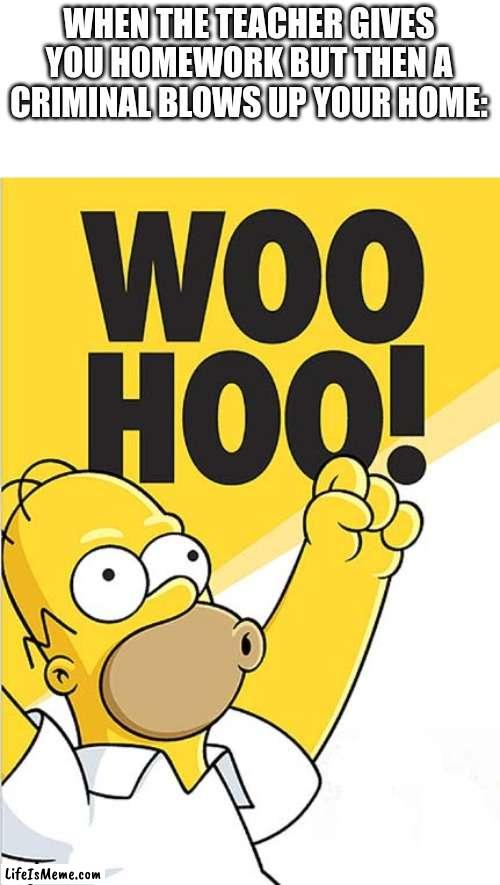 yaaay no more homework | WHEN THE TEACHER GIVES YOU HOMEWORK BUT THEN A CRIMINAL BLOWS UP YOUR HOME: | image tagged in homer woohoo,school,school sucks,criminal,homework,yay | made w/ Lifeismeme meme maker