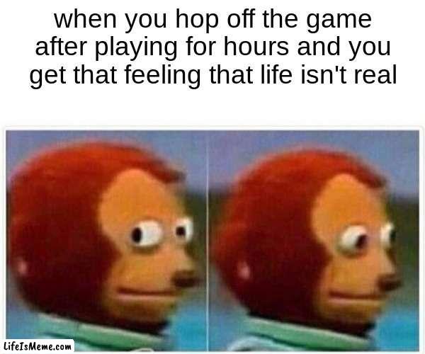 a glitch in the matrix | when you hop off the game after playing for hours and you get that feeling that life isn't real | image tagged in memes,monkey puppet | made w/ Lifeismeme meme maker