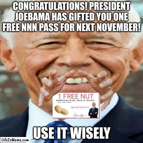 OMG THANKS JOEBAMA | CONGRATULATIONS! PRESIDENT JOEBAMA HAS GIFTED YOU ONE FREE NNN PASS FOR NEXT NOVEMBER! USE IT WISELY | image tagged in nnn | made w/ Lifeismeme meme maker