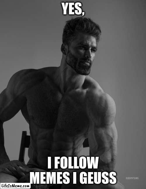 Join and you are GIGA CHAD | YES, I FOLLOW MEMES I GEUSS | image tagged in giga chad | made w/ Lifeismeme meme maker