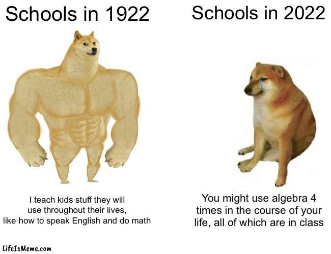 schools then vs now | Schools in 1922; Schools in 2022; I teach kids stuff they will use throughout their lives, like how to speak English and do math; You might use algebra 4 times in the course of your life, all of which are in class | image tagged in memes,buff doge vs cheems,funny,school,then vs now,relatable | made w/ Lifeismeme meme maker