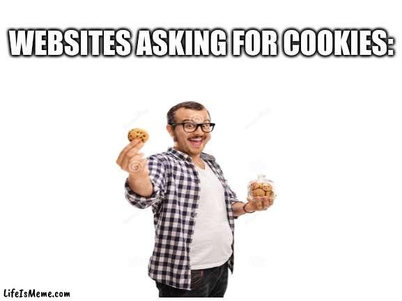 Cookies | WEBSITES ASKING FOR COOKIES: | image tagged in blank white template,cookies,memes | made w/ Lifeismeme meme maker