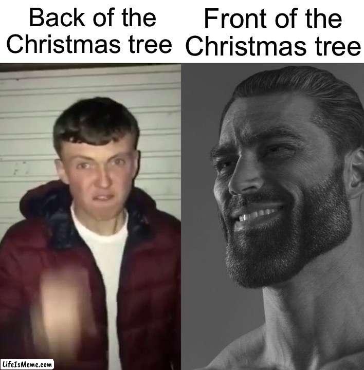 The front is always better | Front of the Christmas tree; Back of the Christmas tree | image tagged in average fan vs average enjoyer,memes,funny,true story,relatable memes,christmas | made w/ Lifeismeme meme maker