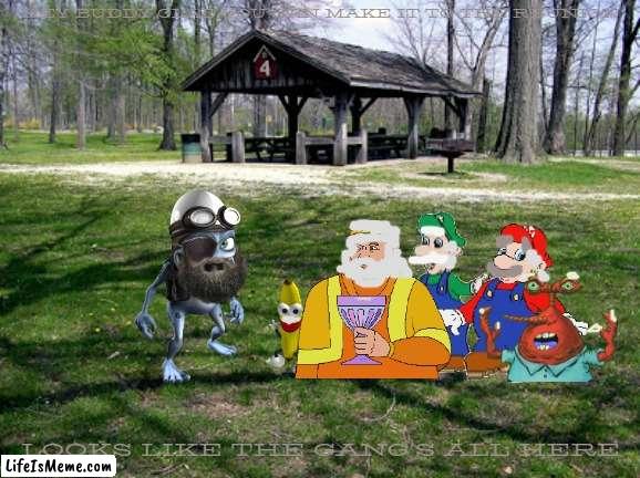 old school ytp meme reunion | HEY BUDDY GLAD YOU CAN MAKE IT TO THE REUNION; LOOKS LIKE THE GANG'S ALL HERE | image tagged in fleenor family reunion,ytp,reunion,frogs,mr krabs,hotel mario | made w/ Lifeismeme meme maker