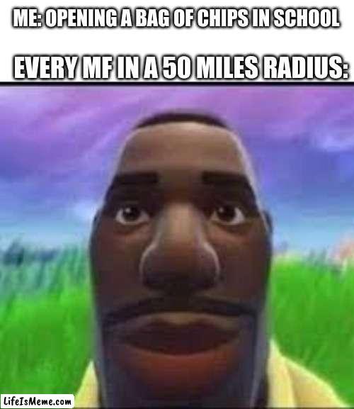 fortnite guy staring into your soul | ME: OPENING A BAG OF CHIPS IN SCHOOL; EVERY MF IN A 50 MILES RADIUS: | image tagged in fortnite,yeet,detroy the child corrupt them all,stop read the tags | made w/ Lifeismeme meme maker