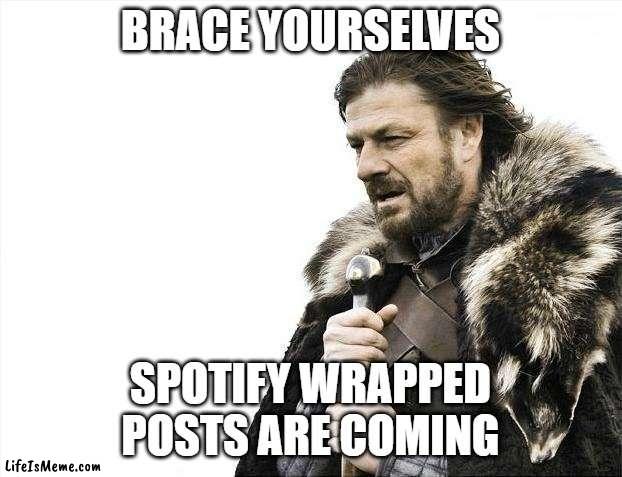Brace yourselves, spotify wrapped posts are coming | BRACE YOURSELVES; SPOTIFY WRAPPED
POSTS ARE COMING | image tagged in memes,brace yourselves x is coming | made w/ Lifeismeme meme maker