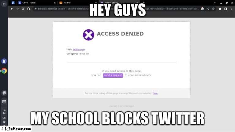 my school blocks twitter | HEY GUYS; MY SCHOOL BLOCKS TWITTER | image tagged in memes,twitter,school | made w/ Lifeismeme meme maker