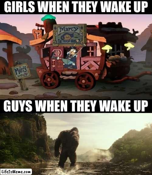 How Marcy Wu and King Kong wake up | GIRLS WHEN THEY WAKE UP; GUYS WHEN THEY WAKE UP | image tagged in amphibia,godzilla vs kong,wake up,morning,girls,guys | made w/ Lifeismeme meme maker