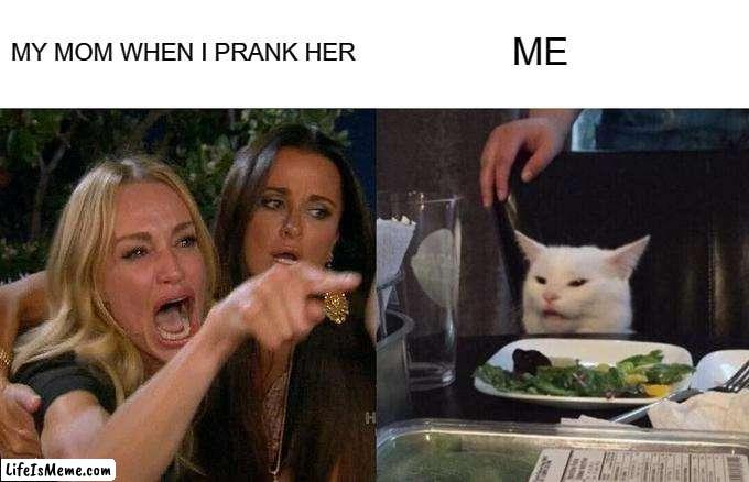 my mom when I prank her | MY MOM WHEN I PRANK HER; ME | image tagged in memes,woman yelling at cat | made w/ Lifeismeme meme maker