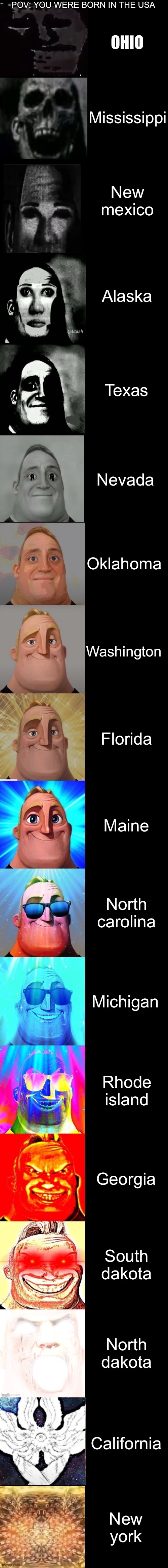 Pov: you were born in the USA | POV: YOU WERE BORN IN THE USA; OHIO; Mississippi; New mexico; Alaska; Texas; Nevada; Oklahoma; Washington; Florida; Maine; North carolina; Michigan; Rhode island; Georgia; South dakota; North dakota; California; New york | image tagged in mr incredible from trollge to god | made w/ Lifeismeme meme maker