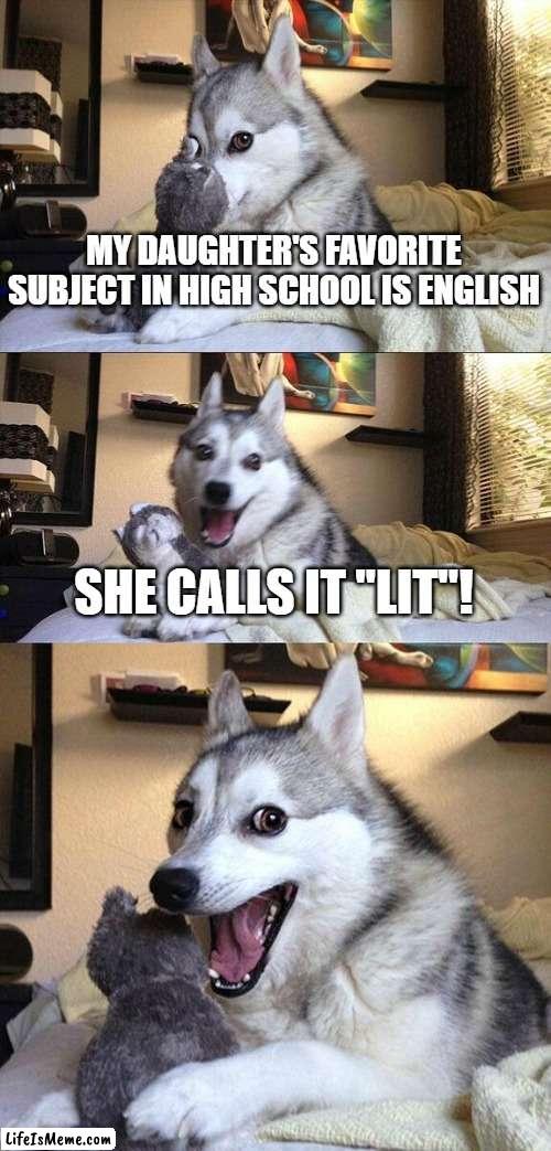 English is Lit | MY DAUGHTER'S FAVORITE SUBJECT IN HIGH SCHOOL IS ENGLISH; SHE CALLS IT "LIT"! | image tagged in memes,bad pun dog,school,bad puns,high school,teenagers | made w/ Lifeismeme meme maker