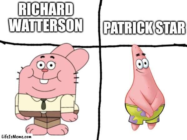 Who's truly fat, pink, and stupid | PATRICK STAR; RICHARD WATTERSON | image tagged in the amazing world of gumball,spongebob squarepants | made w/ Lifeismeme meme maker