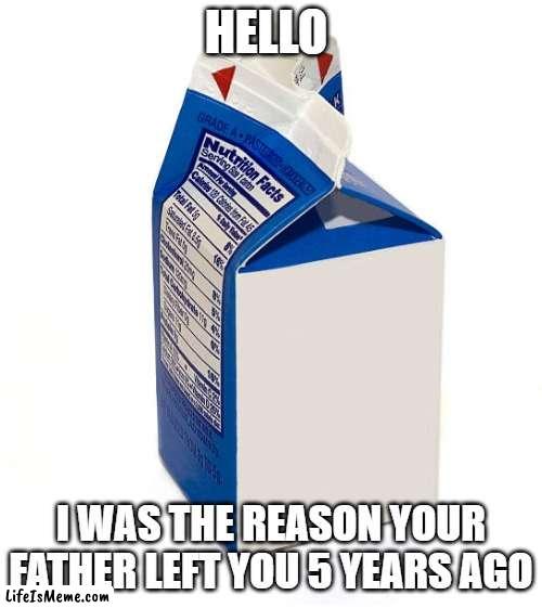 Everybody these days | HELLO; I WAS THE REASON YOUR FATHER LEFT YOU 5 YEARS AGO | image tagged in milk carton | made w/ Lifeismeme meme maker