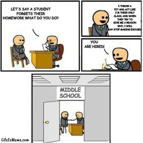 Your Hired! | LET'S SAY A STUDENT FORGETS THEIR HOMEWORK WHAT DO YOU DO? I THROW A FIT AND ACT LIKE I'M THEIR ONLY CLASS, AND WHEN THEY TRY TO GIVE ME A REASON WHY, I WILL SAY STOP MAKING EXCUSES; YOU ARE HIRED! MIDDLE SCHOOL | image tagged in your hired,middle school,teachers | made w/ Lifeismeme meme maker
