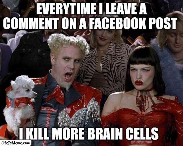 Facebook Post | EVERYTIME I LEAVE A COMMENT ON A FACEBOOK POST; I KILL MORE BRAIN CELLS | image tagged in memes,mugatu so hot right now,facebook,stupid | made w/ Lifeismeme meme maker