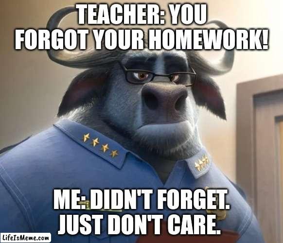 Chief Bogo Doesn't Care | TEACHER: YOU FORGOT YOUR HOMEWORK! ME: DIDN'T FORGET. JUST DON'T CARE. | image tagged in chief bogo doesn't care,zootopia,i don't care,school,funny,memes | made w/ Lifeismeme meme maker