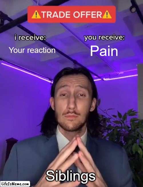 Siblings be like: | Your reaction; Pain; Siblings | image tagged in trade offer | made w/ Lifeismeme meme maker