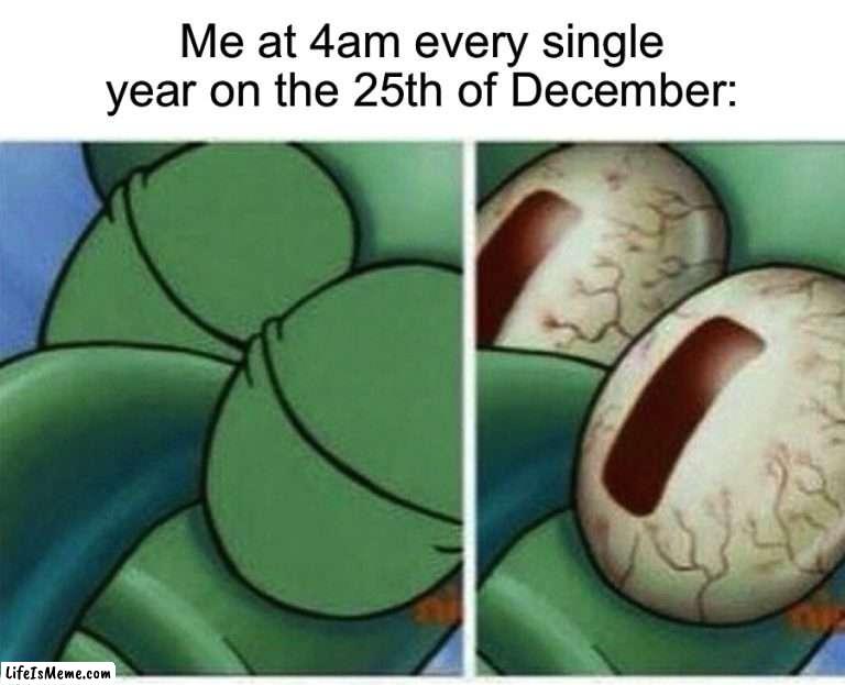 Every year…I go and shake the presents | Me at 4am every single year on the 25th of December: | image tagged in squidward,memes,funny,true story,christmas,funny memes | made w/ Lifeismeme meme maker