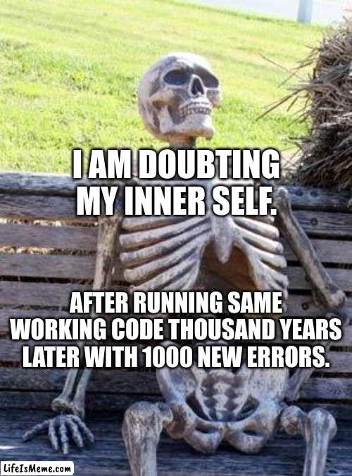 It feels exhausted when we get caught into such situations. Programmers' know it best. | I AM DOUBTING MY INNER SELF. AFTER RUNNING SAME WORKING CODE THOUSAND YEARS LATER WITH 1000 NEW ERRORS. | image tagged in memes,waiting skeleton,funny memes,coding,irritated,programming | made w/ Lifeismeme meme maker