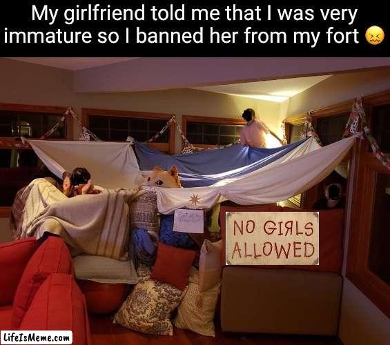 Gotta show her who’s boss! | My girlfriend told me that I was very immature so I banned her from my fort 😖 | image tagged in eyeroll | made w/ Lifeismeme meme maker