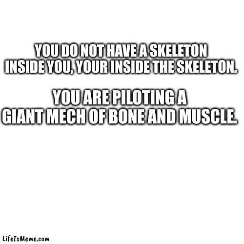 oh my god! | YOU DO NOT HAVE A SKELETON INSIDE YOU, YOUR INSIDE THE SKELETON. YOU ARE PILOTING A GIANT MECH OF BONE AND MUSCLE. | image tagged in memes,blank transparent square | made w/ Lifeismeme meme maker
