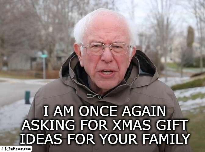 Time to guy the gifts | I AM ONCE AGAIN ASKING FOR XMAS GIFT IDEAS FOR YOUR FAMILY | image tagged in bernie sanders once again asking,christmas,xmas,gifts | made w/ Lifeismeme meme maker