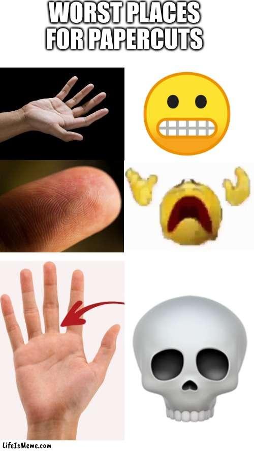 Worst Places For Papercuts | WORST PLACES FOR PAPERCUTS | image tagged in dead,fingercut,skull | made w/ Lifeismeme meme maker