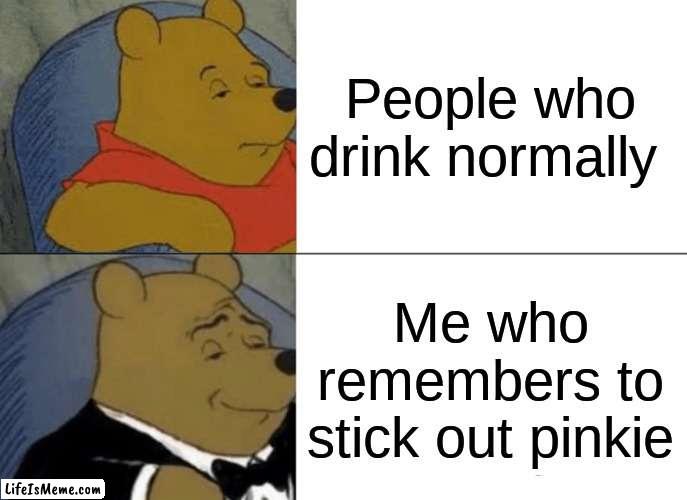 Grandma taught me well | People who drink normally; Me who remembers to stick out pinkie | image tagged in memes,tuxedo winnie the pooh | made w/ Lifeismeme meme maker