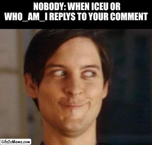 @Iceu and @who_am_i  =  the 2 meme lords of imgflip | NOBODY: WHEN ICEU OR WHO_AM_I REPLYS TO YOUR COMMENT | image tagged in memes,spiderman peter parker,iceu,who_am_i | made w/ Lifeismeme meme maker