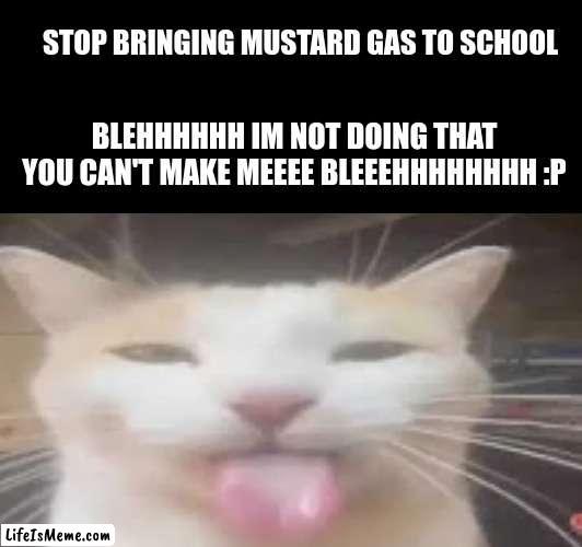 this cet lov mustar gas | STOP BRINGING MUSTARD GAS TO SCHOOL; BLEHHHHHH IM NOT DOING THAT YOU CAN'T MAKE MEEEE BLEEEHHHHHHHH :P | image tagged in cats,that's just silly cat,dark humor,quiet kid,mustard,gas | made w/ Lifeismeme meme maker